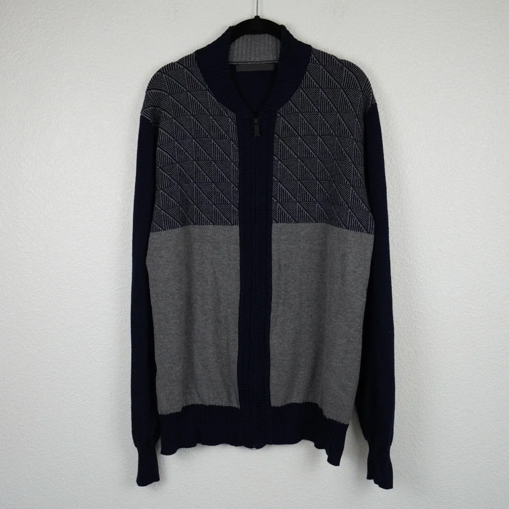 Sean John Mens Zip Up‎ Cardigan Sweater Navy Blue Gray Geometric Pattern XL
